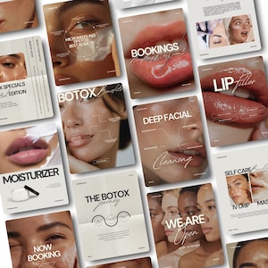 May include: A collection of digital marketing templates for a skincare and cosmetic clinic, featuring close-up photography of faces, lips, and skin treatments with overlaid text including Botox, lip filler, deep facial, and booking information.