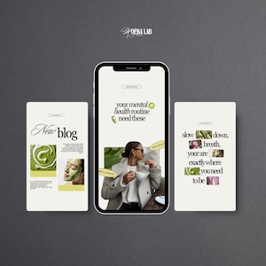 May include: A digital mockup featuring a smartphone and two vertical cards. The phone displays a woman with a cup, text: "your mental health routine need these." Cards read "New blog" and "slow down, breath, you are exactly where you need to be."