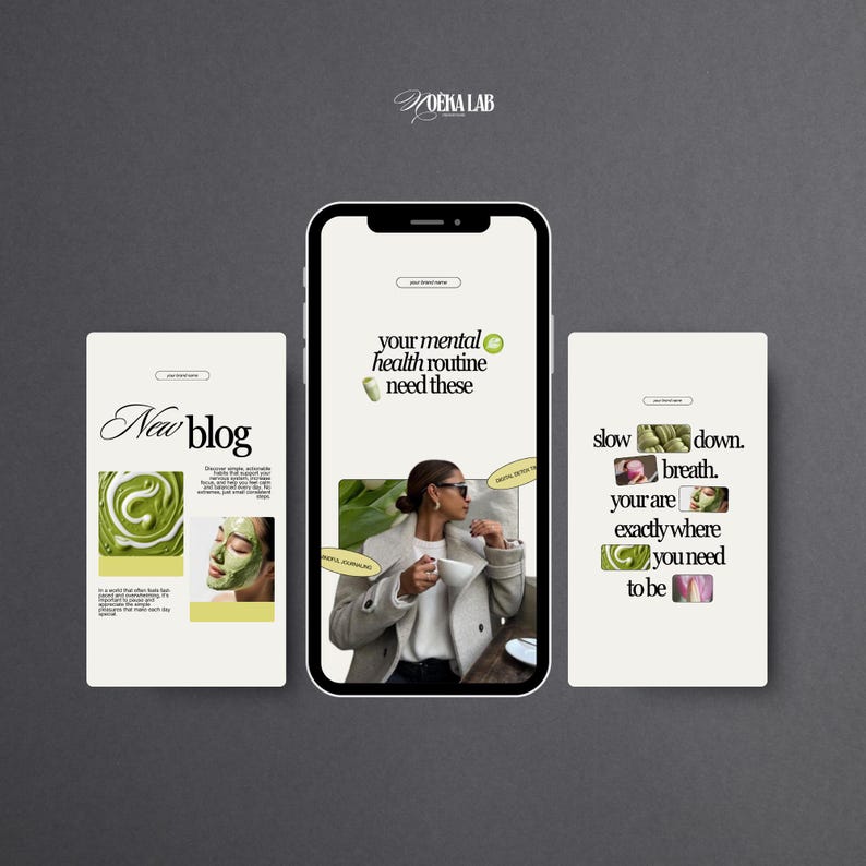 May include: A digital mockup featuring a smartphone and two vertical cards. The phone displays a woman with a cup, text: "your mental health routine need these." Cards read "New blog" and "slow down, breath, you are exactly where you need to be."