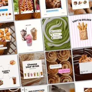 Könnte beinhalten: Eine Collage aus verschiedenen Backwaren- und Getränkebildern mit Zimtschnecken, Croissants, Eiskaffee und Gebäck. Das Raster enthält Textüberlagerungen wie 'Choose your drink', 'Soft & Golden' und 'Client's Picks' sowie Symbole und Menü-Layouts.