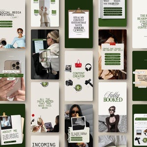 Puede incluir: Una colecci&oacute;n de gr&aacute;ficos de marketing digital y creaci&oacute;n de contenido con superposiciones de texto. Las im&aacute;genes presentan una variedad de temas, incluyendo errores en redes sociales, kits de creaci&oacute;n de contenido y trucos de Instagram. La paleta de colores es principalmente verde y blanco.