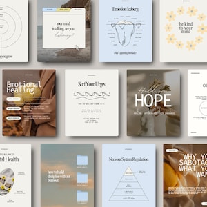 Può includere: Una collezione di stampe artistiche digitali con design minimalisti e citazioni ispiratrici. Le stampe presentano testi come "Emotional Healing", "Surf Your Urges" e "Hold on to HOPE". La tavolozza dei colori include blu tenui, beige e bianco.