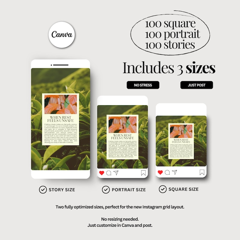 May include: An advertisement for Canva featuring three phone-shaped mockups displaying a design with text "WHEN REST FEELS UNSAFE" over a green background. The ad highlights three sizes: story, portrait, and square.