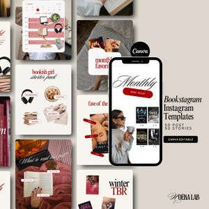 May include: A collection of Bookstagram Instagram templates with a variety of designs. The templates include a phone mockup with the word "Monthly" and book covers. Other templates feature books, headphones, coffee, and pajamas.