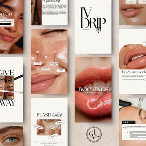 Puede incluir: Un collage de gráficos promocionales de belleza y cuidado de la piel. Las imágenes incluyen primeros planos de labios, rostros con aplicaciones para el cuidado de la piel y superposiciones de texto como "IV DRIP", "BOOKINGS" y "FLASH Sale". La estética general es moderna y limpia.
