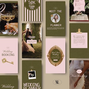 May include: A collection of wedding-related graphics and text elements. Features a champagne glass, a couple, and cards with text such as "Wedding Booking," "Meet the Planner," and "Book Your Wedding." The design uses a green and pink colour palette.