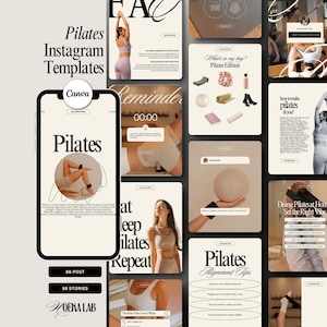 May include: A collection of Pilates Instagram templates in beige and white, featuring the word "Pilates" in a stylish font. The templates include various layouts with fitness-related content, such as workout tips and routines.