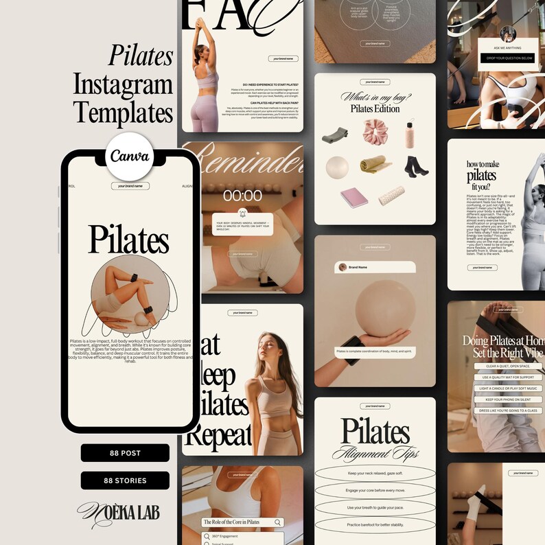 May include: A collection of Pilates Instagram templates in beige and white, featuring the word "Pilates" in a stylish font. The templates include various layouts with fitness-related content, such as workout tips and routines.