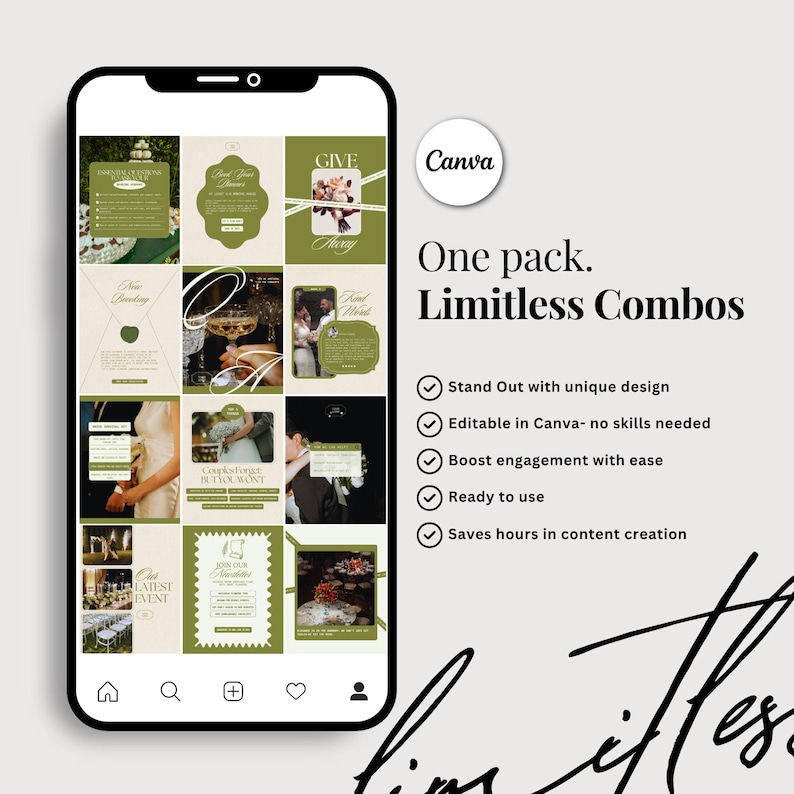 May include: A smartphone displays a grid of Instagram-style posts with a wedding theme. The posts feature olive green and beige designs with text. The Canva logo is visible, along with the text "One pack. Limitless Combos."