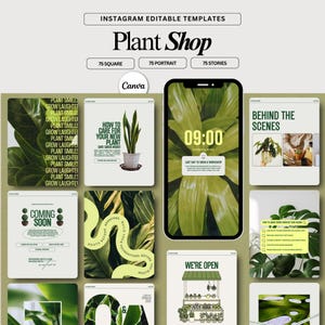 May include: A collection of Instagram templates for a plant shop, featuring various designs with green leaf backgrounds and plant-related graphics. The templates include text such as "Plant Shop," "Coming Soon," and "We're Open."