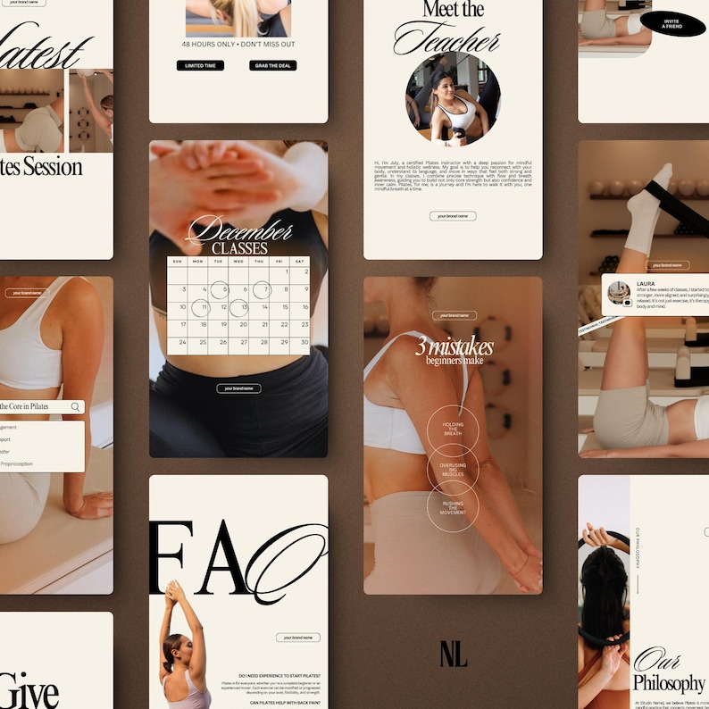 May include: A collage of promotional materials for a Pilates studio. The design features a neutral color palette with images of women in workout attire. Text includes "Latest Pilates Session," "December Classes," and "3 mistakes beginners make."