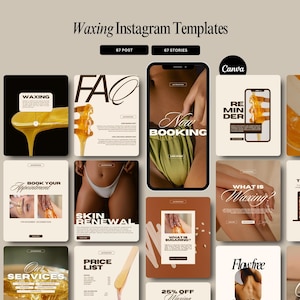 Può includere: Modelli Instagram per servizi di ceretta. I modelli presentano vari design con testo come "Waxing", "New Booking" e "Skin Renewal". La tavolozza dei colori include beige, marrone e oro. Il testo "What is Waxing?" è incluso.