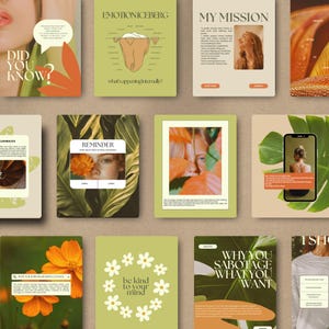 May include: A collection of digital art pieces with a neutral color palette. The designs include text like "DID YOU KNOW?" and "EMOTIONICEBERG", along with floral and botanical elements. The overall theme is related to self-care and mindfulness.