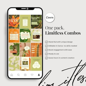 May include: A smartphone displays a grid of social media posts with orange, green, and white backgrounds. The Canva logo is visible, along with the text "One pack. Limitless Combos."