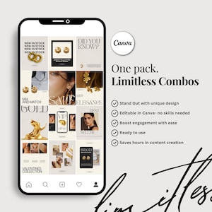 Pode incluir: Um smartphone exibe um an&uacute;ncio de joias com as palavras "NEW IN STOCK", "SALE" e "VALENTINES COLLECTION". O logotipo da Canva &eacute; vis&iacute;vel, juntamente com o texto "One pack. Limitless Combos."