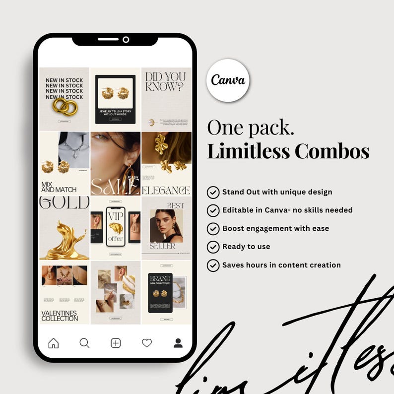 Pode incluir: Um smartphone exibe um an&uacute;ncio de joias com as palavras "NEW IN STOCK", "SALE" e "VALENTINES COLLECTION". O logotipo da Canva &eacute; vis&iacute;vel, juntamente com o texto "One pack. Limitless Combos."