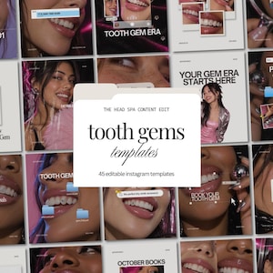 Puede incluir: Una colección de 45 plantillas de Instagram editables para gemas dentales, con varios diseños y superposiciones de texto como 'GEM CARE 101', 'TOOTH GEM ERA', 'YOUR GEM ERA STARTS HERE' y 'NOW BOOKING' sobre imágenes de sonrisas.