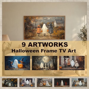 以下が含まれることがあります： フレームテレビ用のハロウィーンをテーマにした9つのデジタルアート作品集。仮装した子供たち、幽霊、カボチャが秋の風景の中に描かれた様々なシーンが、ソファの上の壁に掛けられた木製のフレームの中に表示されています。