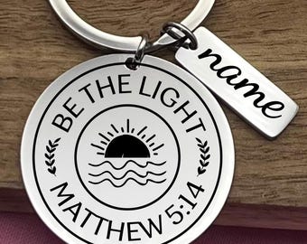 Personalized Be The Light Stainless Steel Keychain, Custom Faith Keyring, Bible Verse Gift