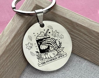 Custom The Pumpkin Spice Keychain - Personalized Stainless Steel Fall Keychain - Funny Halloween Skeleton Accessory