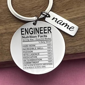 Pode incluir: Um porta-chaves de Engenheiro prateado com um pendente redondo com um rótulo de informações nutricionais. O rótulo lista qualidades como trabalho duro, paixão e inteligência, cada uma a 100%. Uma etiqueta menor com a palavra "name" também está anexada.