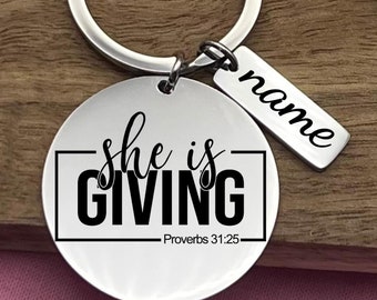 Personalized She Is Giving Stainless Steel Keychain - Custom Christmas Gift - Motivational Keyring