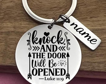 Personalized Stainless Steel Keychain: "Knock And The Door Will Be Opened" Faith Keyring