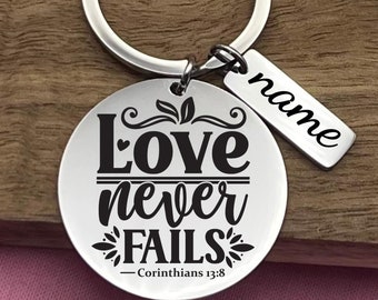 Personalized 'Love Never Fails' Stainless Steel Keychain - Faith Gift