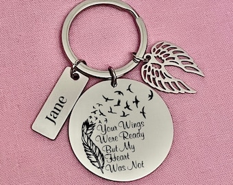 Personalized Memorial Keychain: Stainless Steel Angel Wings Charm