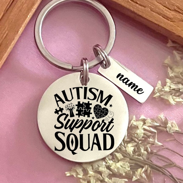 Personalized Autism Support Squad Stainless Steel Keychain - Custom Autism Awareness Keychain - Custom Puzzle Heart Design Charm