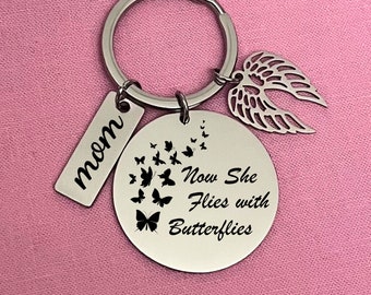 Memorial Mom Keychain: Stainless Steel Angel Wings, Butterfly Charm