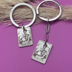 Personalized The Cat Lover Tarot Card Stainless Steel Keychain - Custom Cat Lover Skeleton Keychain - Custom Gift for Cat Person