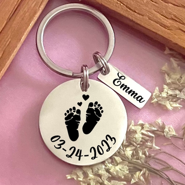 Personalized Baby Feet Stainless Steel Keychain - Custom Newborn Keychain - Custom Baby Birthdate Charm