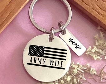 Personalized Army Wife Keychain: American Flag Stainless Steel