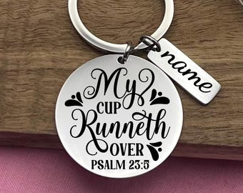 Personalized My Cup Runneth Over Keychain – Christian Gift of Gratitude – Stainless Steel Faith Keepsake