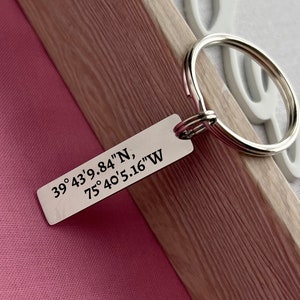 Hand-Stamped Coordinates with Town Initial Keychain – pewter