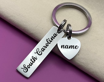Custom South Carolina Stainless Steel Keychain with Personalized Heart Charm