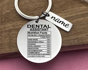 Custom Dental Assistant Keychain: Funny Nutrition Facts, Stainless Steel Keyring
