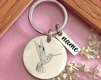 Personalized Geometric Hummingbird Keychain: Custom Stainless Steel Gift