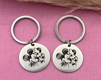 Custom Mickey Minnie Mouse Keychain Set - Couple Love Stainless Steel Keychain Set - Valentine's Day Gift