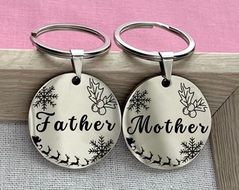 Personalized Christmas Stainless Steel Keychain: Father Mother Gift