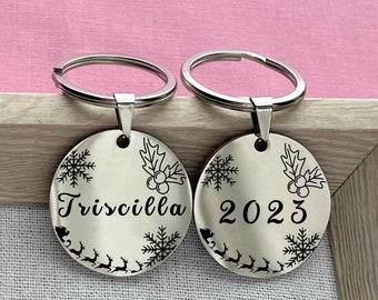 Personalized Christmas Stainless Steel Keychain: Custom Name & Year