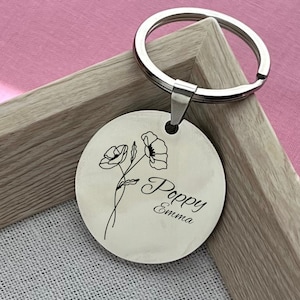 Personalized Poppy Keychain: August Birth Flower, Stainless Steel Gift