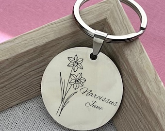 Custom Narcissus Stainless Steel Keychain - December Birth Flower Gift