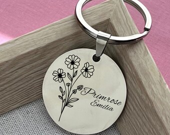 Personalized Primrose Birth Flower Keychain: Engraved Stainless Steel February Gift
