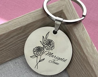 Personalized Marigold Birth Flower Stainless Steel Keychain - October Birthday Gift