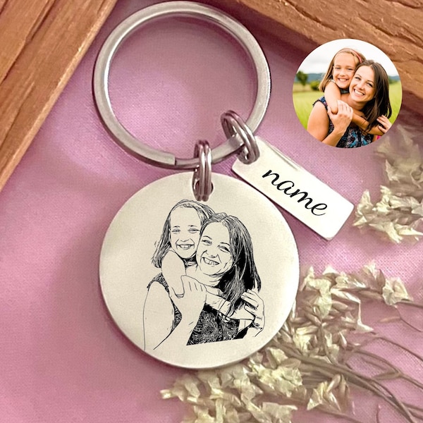 Personalized Photo Engraved Stainless Steel Keychain - Custom Portrait Engraved Keyring - Custom Gift For Mother's Day