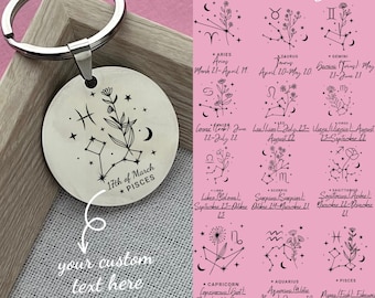 Personalized Birth Flower Zodiac Sign Stainless Steel Keychain