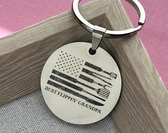 Personalized Grandpa BBQ Keychain: USA Flag Stainless Steel Gift