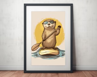 Digital Print of Sea Otter Paddleboarding. Printable Wall Art Poster for any Classroom, Playroom, Nursery or Home Decor. Great gift for Kids